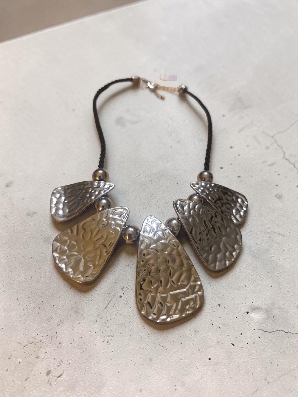 Lia Sophia Silver-Tone Hammered Pendant Necklace with Black Cord